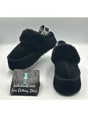 Ugg Women's Black Sheepskin Funkette Platform Slippers Elastic Strap Size 9 3344